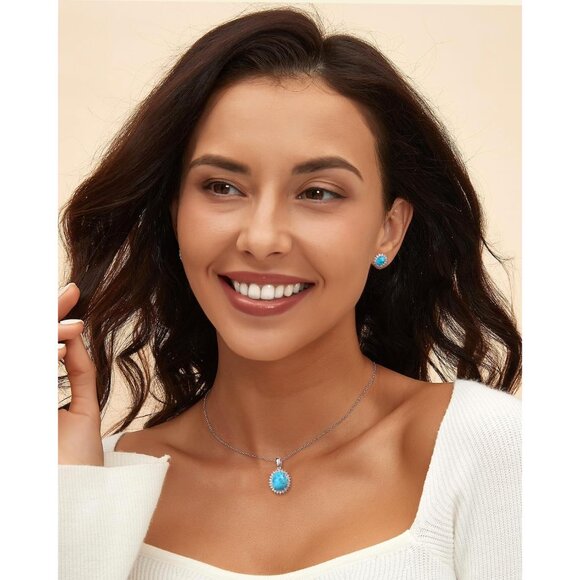 Sterling Silver 3.3 Carat Turquoise & White Sapphire Pendant Necklace, Adjustabl - Picture 2 of 7